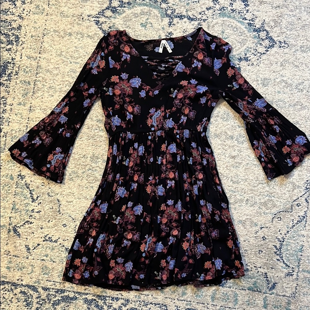 Floral Bell Sleeve Dress - Black and Purple